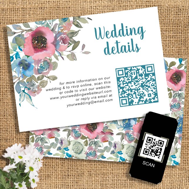 Einfache Chic Blue & Pink Aquarellfarben Qr-Code Begleitkarte (Von Creator hochgeladen)