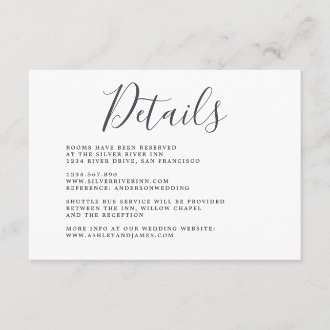 Einfache Chic Calligrafy White Wedding Details Begleitkarte (Vorderseite)