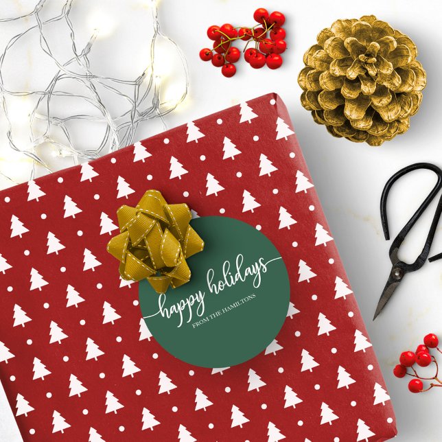 Einfache Chic Calligraphie Happy Holidays Green Runder Aufkleber (Von Creator hochgeladen)