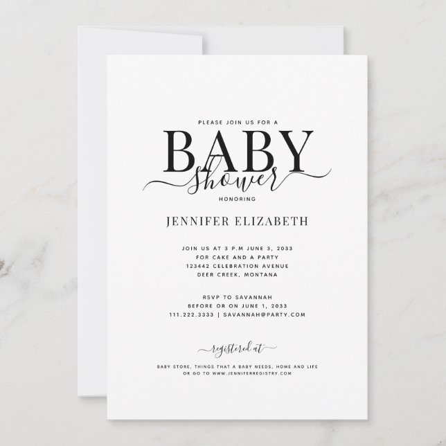 Einfache Chic Calligraphy Baby-Dusche Einladung (Vorderseite)