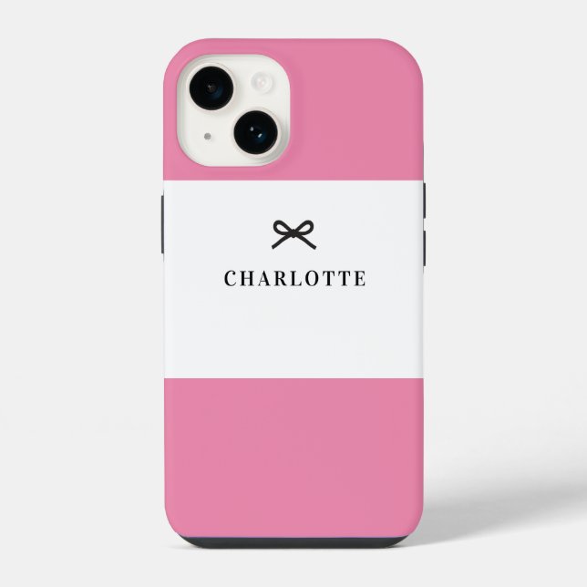 Einfache Chic Classic rosa Bow Monogram Name iPhone 14 Hülle (Rückseite)