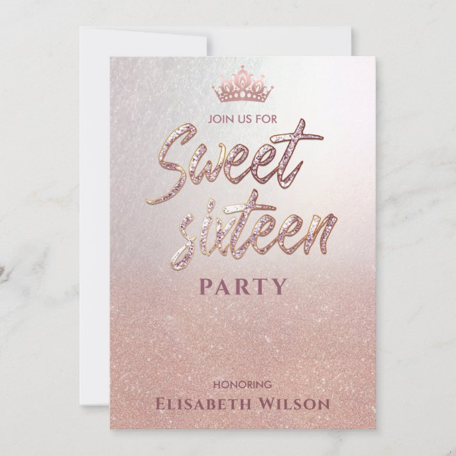 Einfache chic Coole Rose Gold Tiara Sweet 16 Einla Einladung (Vorderseite)