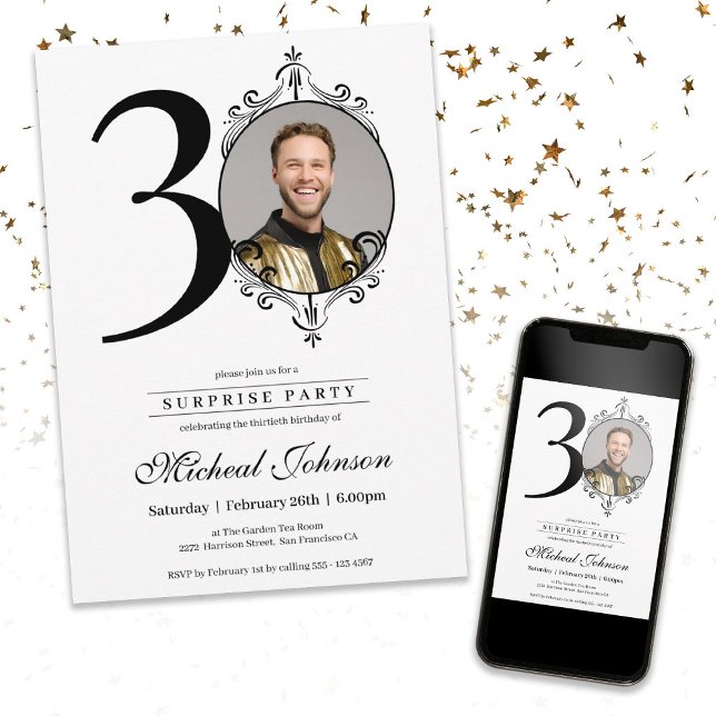 Einfache Chic Custom Foto Überraschung 30. Geburts Einladung (Simple Chic Custom Photo Surprise 30th Birthday Invitation)