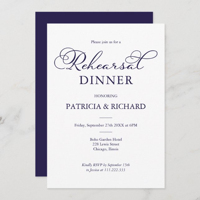 Einfache Chic Navy Blue Script Probe Dinner Einladung (Vorne/Hinten)