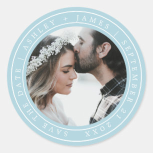 Einfache Chic Save the Date Hochzeit Foto Blue Glo Runder Aufkleber