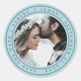 Einfache Chic Save the Date Hochzeit Foto Blue Runder Aufkleber
