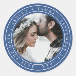 Einfache Chic Save the Date Hochzeit Foto Blue Runder Aufkleber