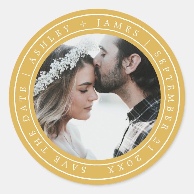 Einfache Chic Save the Date Hochzeit Foto gelb Runder Aufkleber (Vorderseite)