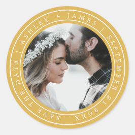 Einfache Chic Save the Date Hochzeit Foto gelb Runder Aufkleber