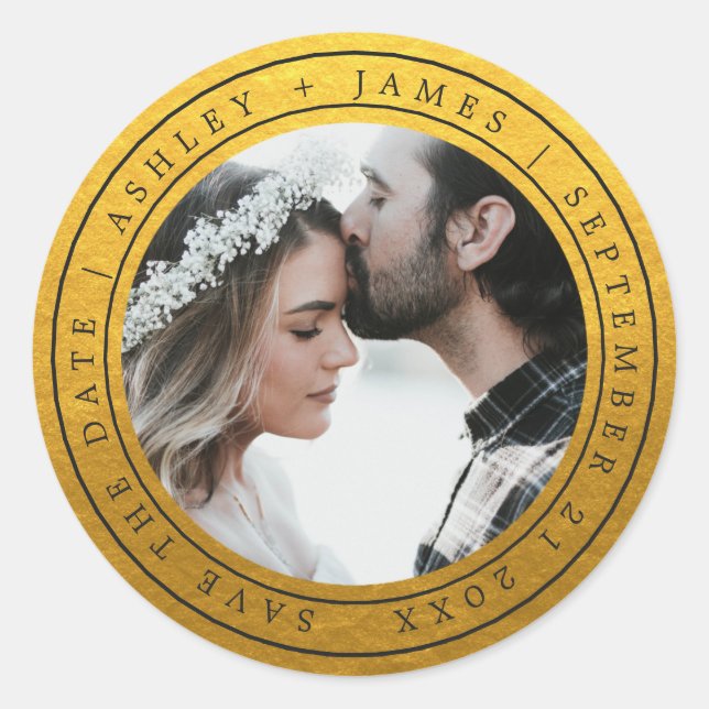 Einfache Chic Save the Date Hochzeit Foto Gold Runder Aufkleber (Vorderseite)