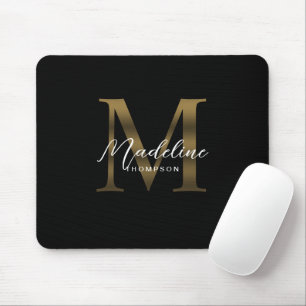 Einfache Chic Script Metallic Black Gold Monogram Mousepad