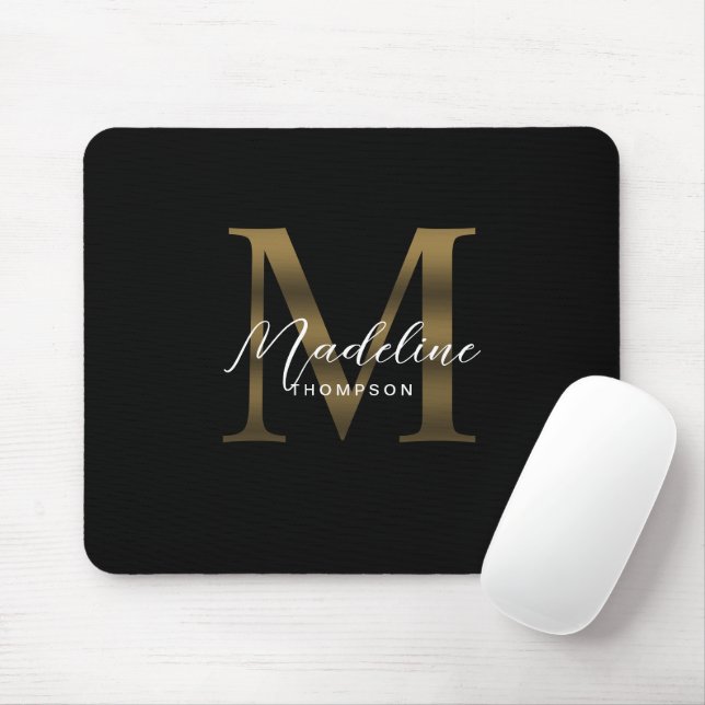 Einfache Chic Script Metallic Black Gold Monogram Mousepad (Mit Mouse)