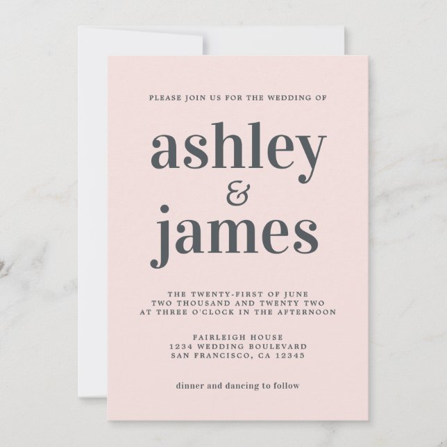 Einfache Chic Typografie Pastel Pink Hochzeit Einladung (Vorderseite)