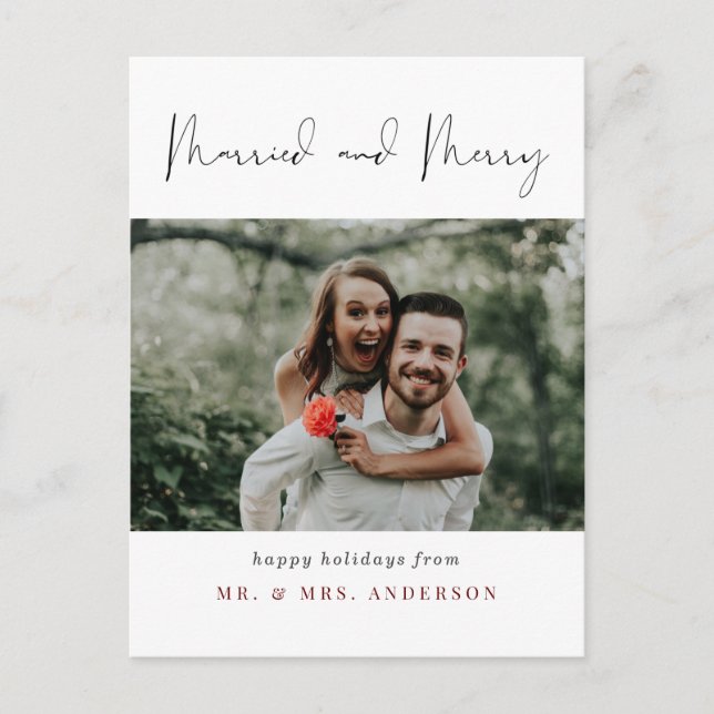 Einfache Chic Verheiratet und fröhliches Foto Weih Postkarte (Vorderseite)