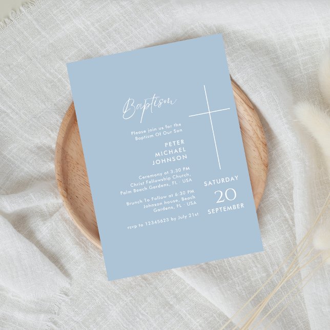 Einfache Christening Dusty Blue Baby Boy Taufe Einladung (Von Creator hochgeladen)