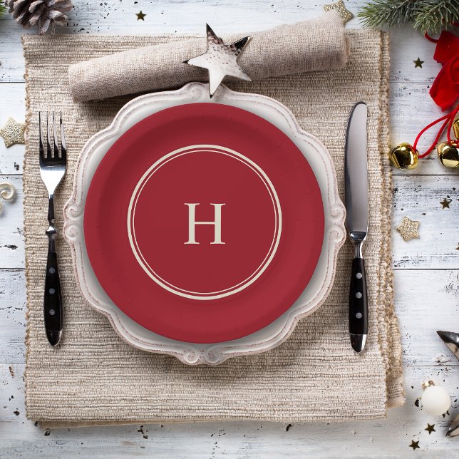 Einfache Classic Elegante Monogram auf Cranberry R Pappteller (Personalize this cranberry red plate with your monogram initial.)
