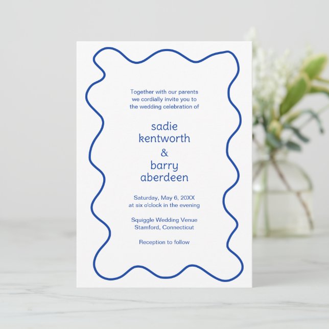 Einfache Cobalt Blue Squiggle Frame Moderne Hochze Einladung (Stehend Vorderseite)