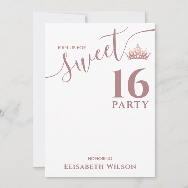 Einfache Coole Rose Goldtiara, süß 16 Einladung (Vorderseite)