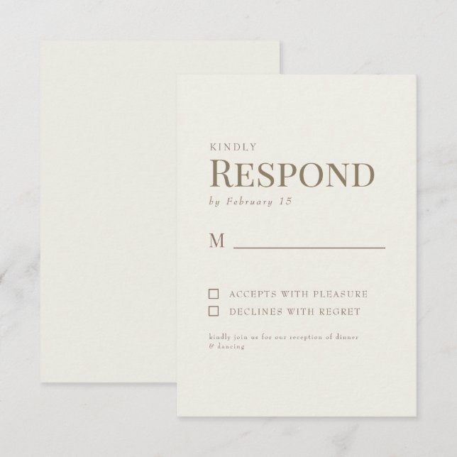 Einfache Cream Gold Text Wedding RSVP (Vorne/Hinten)