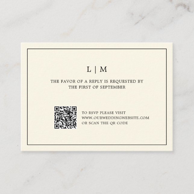 Einfache Cream Monogram QR Code Elegante Hochzeit Mitteilungskarte (Vorderseite)