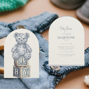 Einfache Creme & Blau Teddybär Tor Baby Shower Einladung