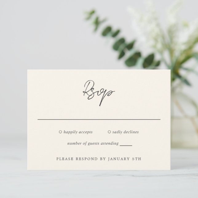 Einfache Creme Moderne Hochzeit RSVP Karte (Stehend Vorderseite)