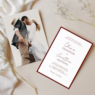 Einfache Crimson Red Border Script Foto Hochzeit Einladung