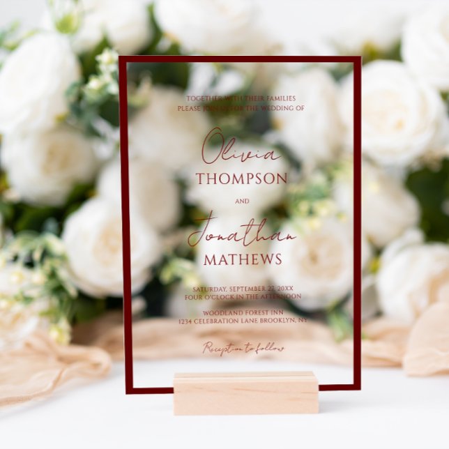Einfache Crimson Red Border Script Hochzeit Acryleinladungen (Von Creator hochgeladen)