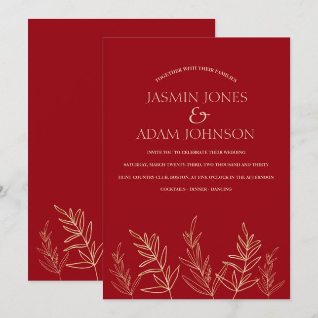 Einfache Crimson Red Gold Blätter Hochzeit Einladung (Vorne/Hinten)