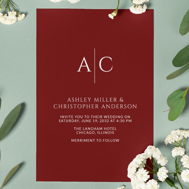Einfache Crimson Red Monogram Hochzeit Einladung (Von Creator hochgeladen)