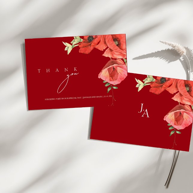 Einfache Crimson Red Poppies Blumenhochzeit Dankeskarte (Simple Crimson Red Poppies Floral Wedding Thank You Card)