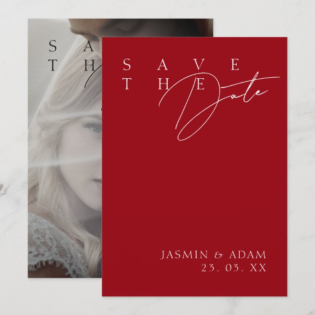 Einfache Crimson Red White Modern Foto Hochzeit Save The Date (Vorne/Hinten)