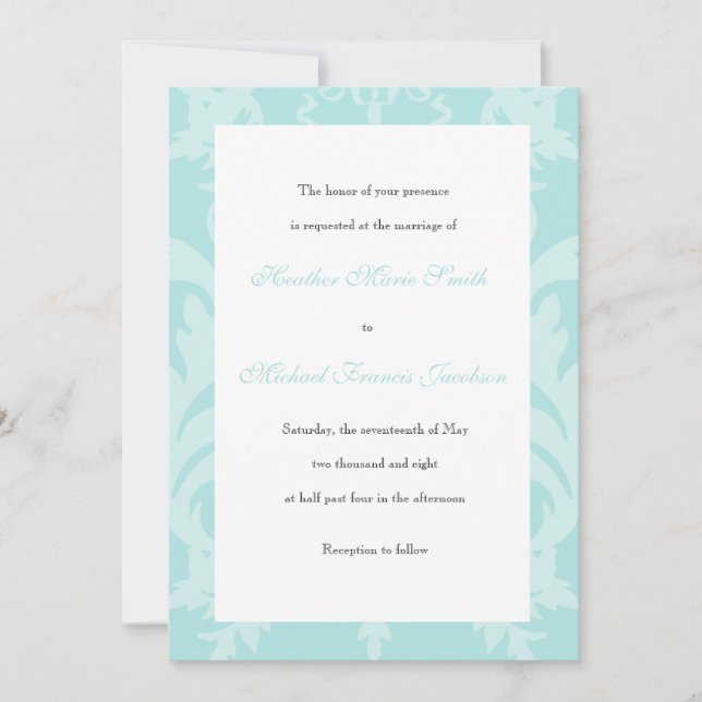 Einfache Damask Robin's Ei Blue Wedding Einladung (Vorderseite)
