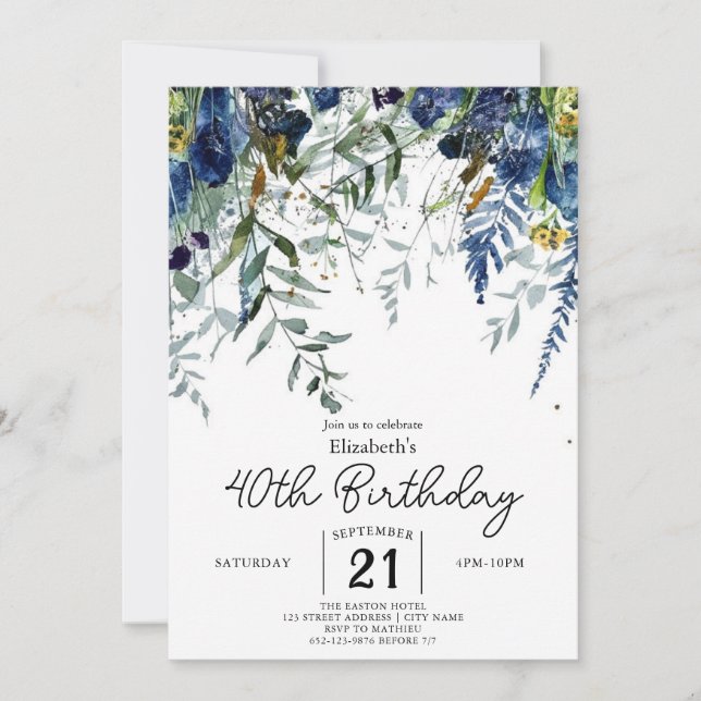 Einfache delikate Wildblumen 40. Geburtstag Einladung (Vorderseite)