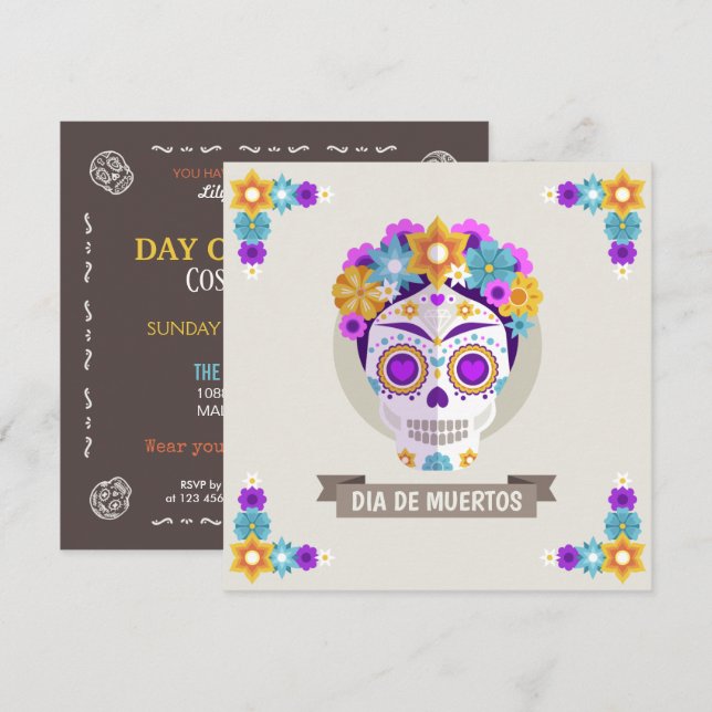 Einfache Dia de los Muertos Einladung zum Blumenst (Vorne/Hinten)