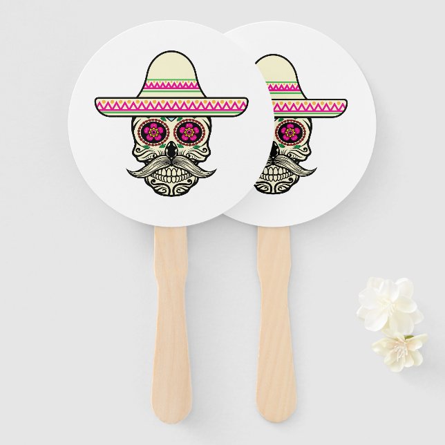 Einfache Dia de Muertos Skull mit Hat | Handfächer (Vorne und Hinten)