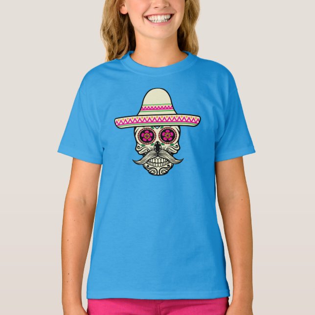 Einfache Dia de Muertos Skull mit Hat Ringer Shirt (Vorderseite)