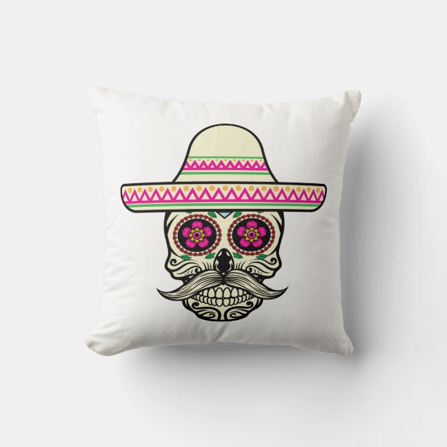 Einfache Dia de Muertos Skull mit Hat Throw Kissen (Vorderseite)