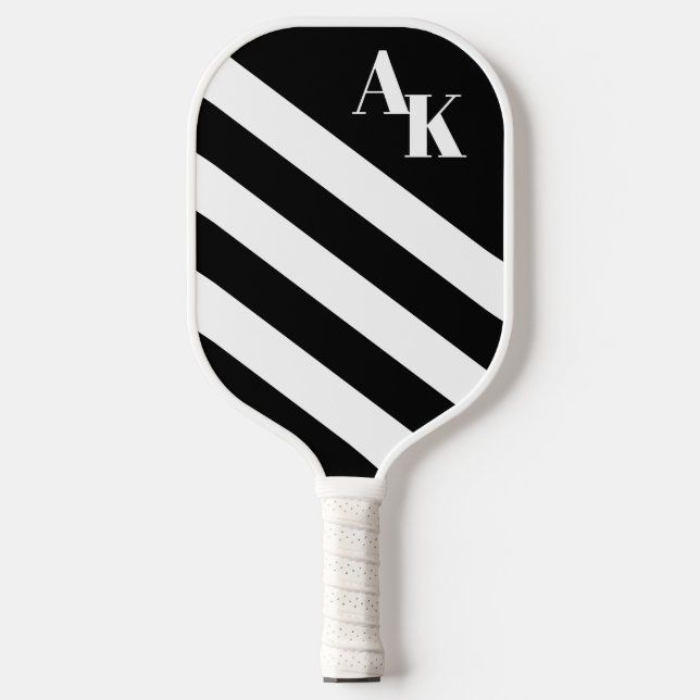 Einfache diagonale Streifen Initials Schwarz/Weiß Pickleball Schläger (Vorderseite)