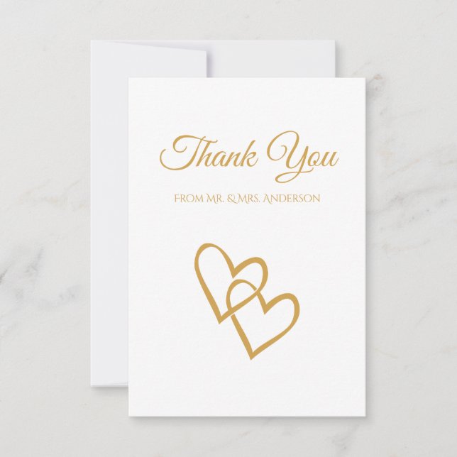 Einfache Double Heart Gold Hochzeit Vielen Dank Einladung (Vorderseite)