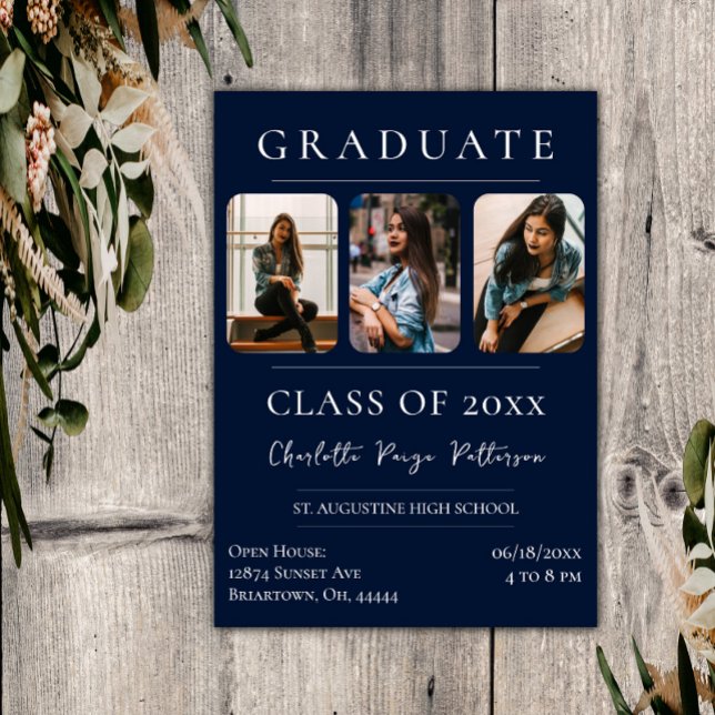 Einfache Drei-Foto-Abschluss | Navy Blue Einladung (Navy Blue Simple Three Photo Graduation Invitation)
