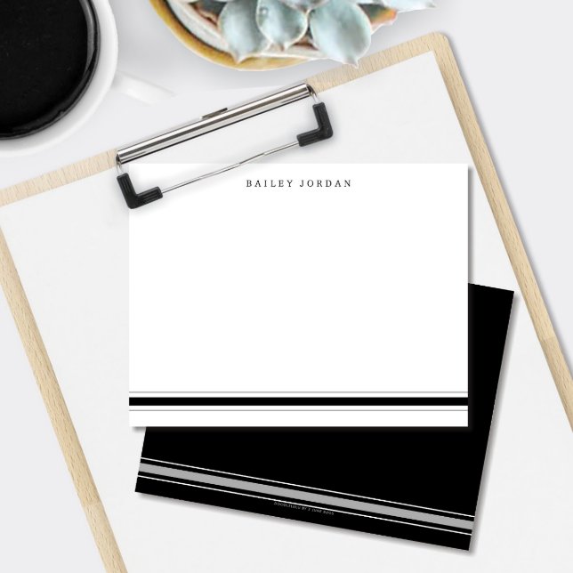 Einfache Drei Streifen Schwarz & Grau Herrengeschi Mitteilungskarte (Masculine sporty black and gray stripes custom flat note cards)