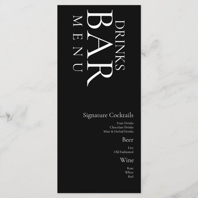 Einfache Drinks Cocktail Wein Hochzeit Schwarz-wei Menükarte (Vorderseite)