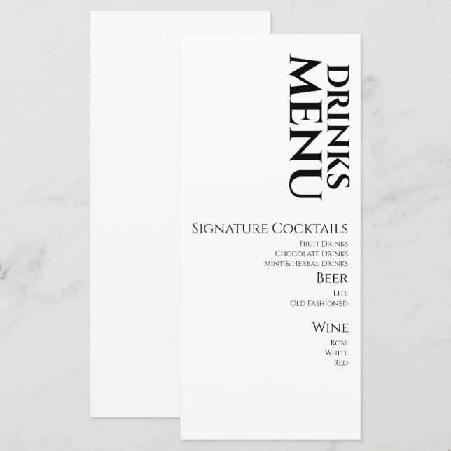 Einfache Drinks Cocktail Weinkarte für Hochzeiten Menükarte (Vorne/Hinten)