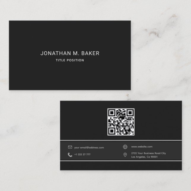 Einfache dunkelgraue QR Code Business Card Visitenkarte (Vorne/Hinten)
