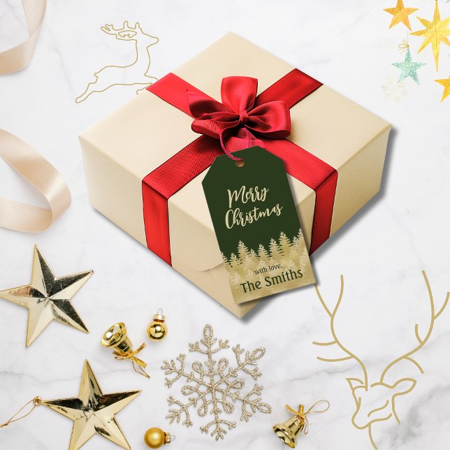 Einfache dunkelgrüne Goldpfannenbäume Frohe Weihna Geschenkanhänger (Von Creator hochgeladen)