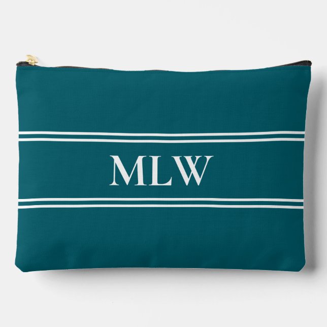 Einfache dunkle Aquamarine und weiße Monogramm-Vor Zubehörtasche (Vorderseite)