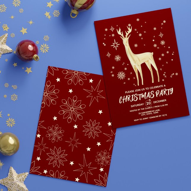 Einfache dunkle festliche Rot und Gold Elegante De Einladung (Simple Dark Festive Red and Gold Elegant Deer Xmas Invitation)