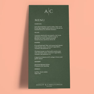 Einfache dunkle Moosgrün-Monogramm-Hochzeitsempfeh Menükarte