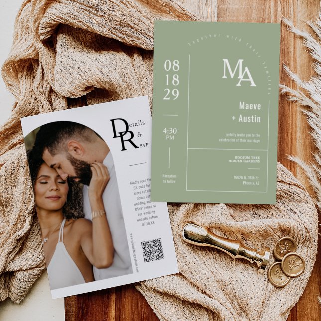 Einfache Dusty Green Moderne Minimal Arch QR Code Einladung (Von Creator hochgeladen)